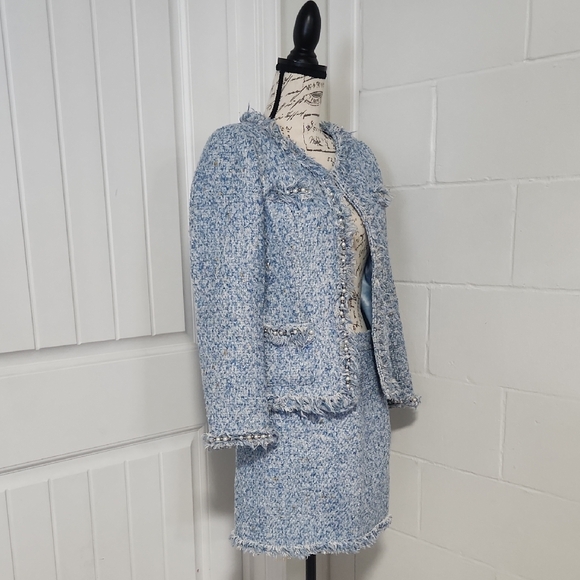 BOUTIQUE Size 6 Blue Boucle Tweed Blazer And Skirt Suit - Picture 2 of 6